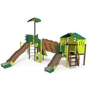 nature play unit with two slides and playhouse thumbnail