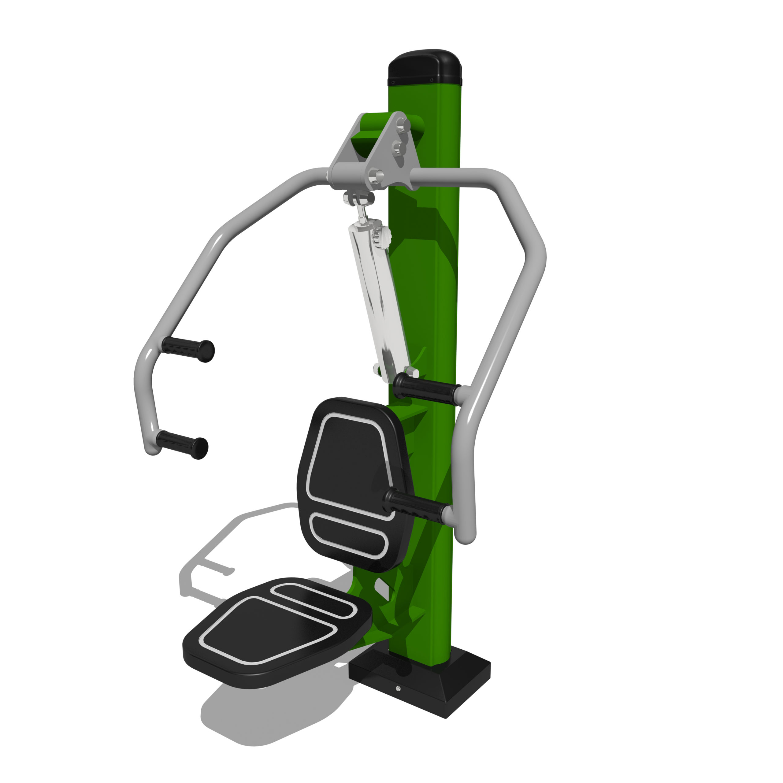 Hydraulic leg press outdoor gym equipment in green and silver for parks