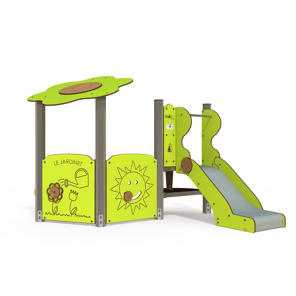 Baby playhouse multiplay unit with low platforms, slides and sensory panels BA 06-1011