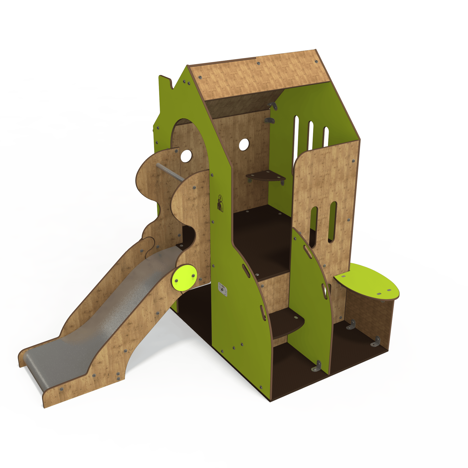 The BA 06-0320 baby playhouse multiplay unit features low-level platforms, slides, and sensory panels designed for children aged 1–3 years. This steel multiplay unit encourages early physical activity