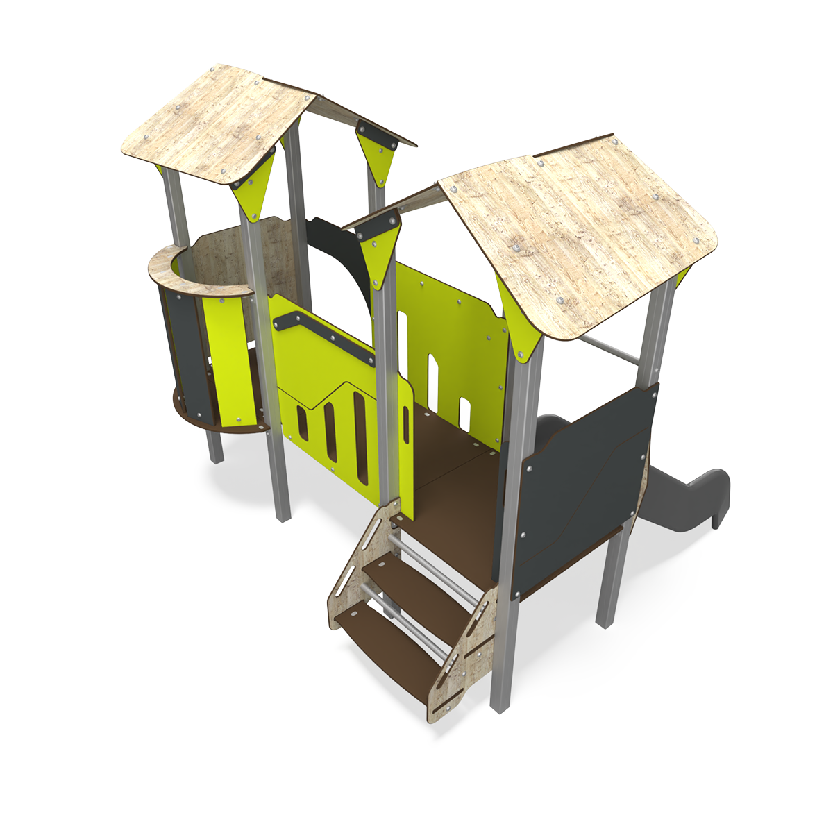 Steel multiplay unit with HDPE panels, slides and climbing features CO 06-2001-X29