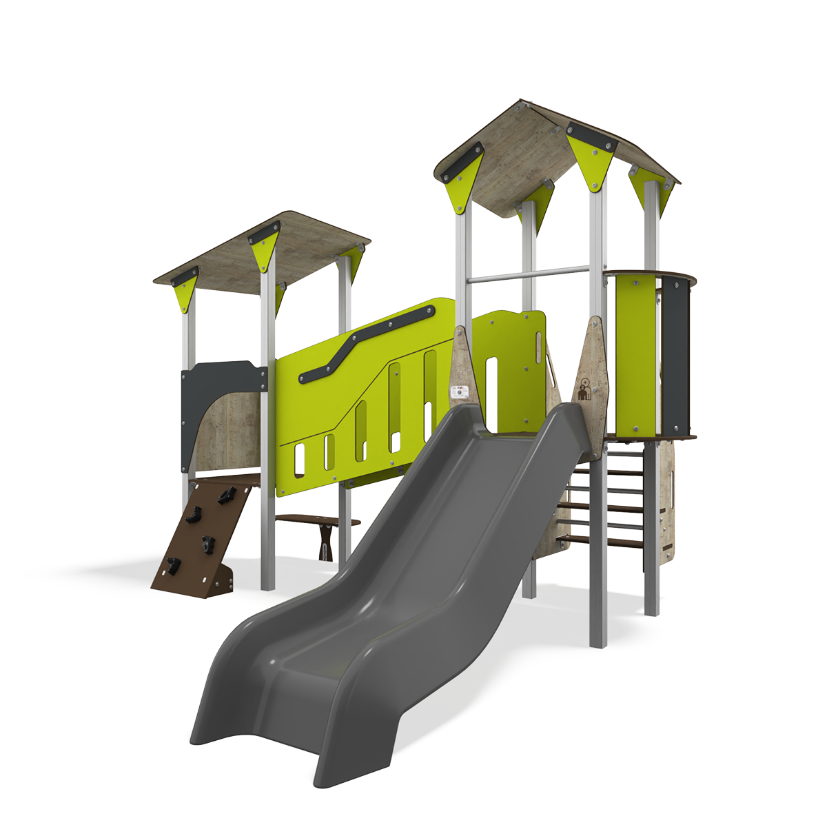 Steel multiplay unit with HDPE panels, slides and climbing features CO 09-2001-X29