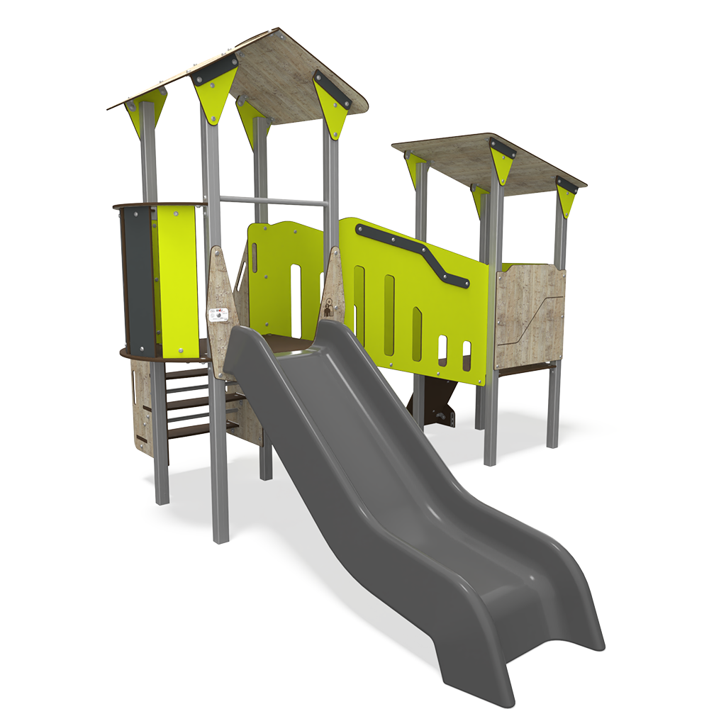 Steel multiplay unit with HDPE colour panels, slides and climbing features for ages 3–14. Durable design encourages active play and social skills development.