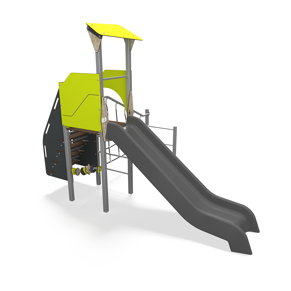 CO 12-1009-X29 is a steel multiplay unit with HDPE panels from the Extra Cool (Extra) range by Quali-Cité. Designed for children aged 3–14 years, it features HDPE colour panels, slides, and climbing f