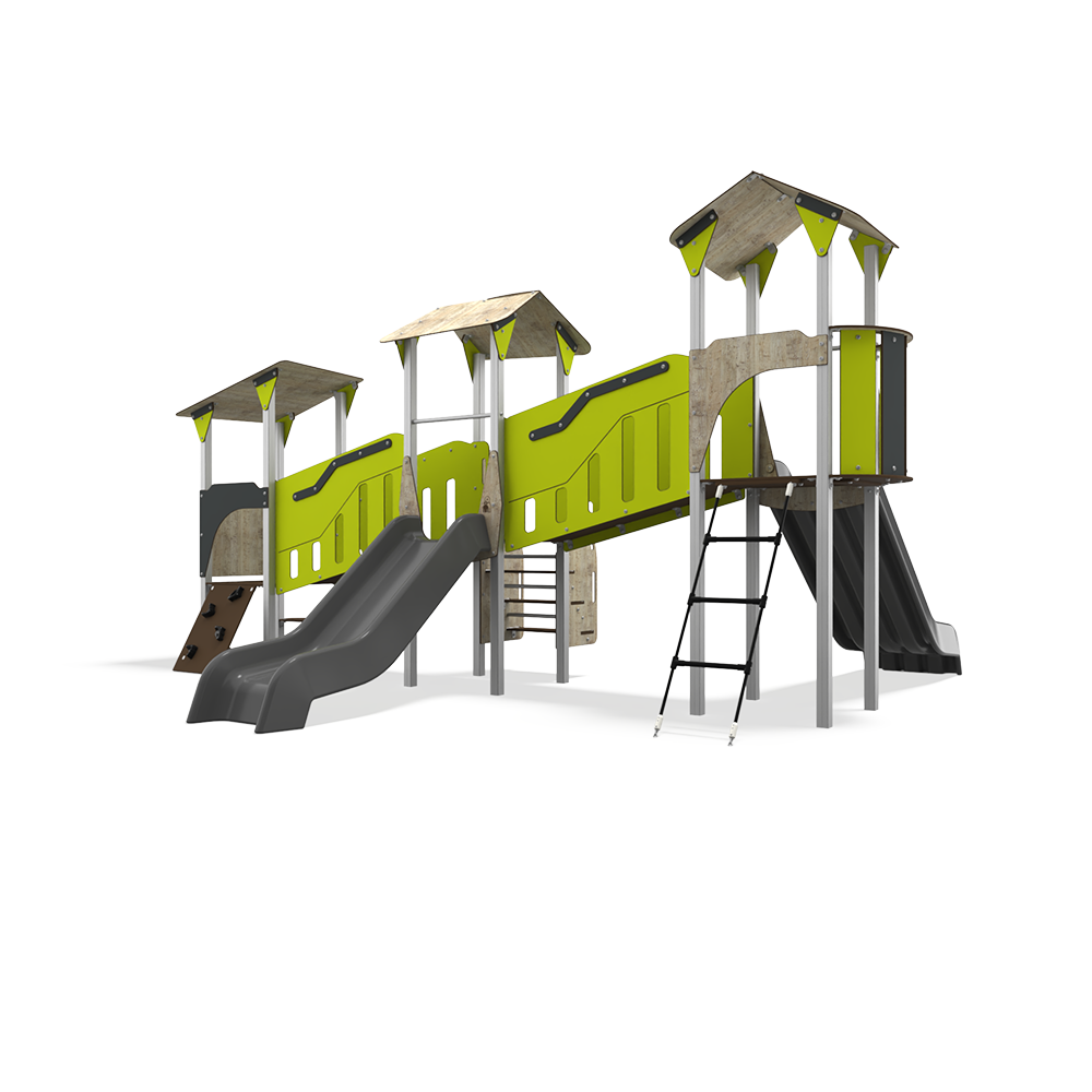 CO 12-3002-X29 is a steel multiplay unit with HDPE panels from the Extra Cool (Extra) range by Quali-Cité. Designed for children aged 3–14 years, it features HDPE colour panels, slides, and climbing f