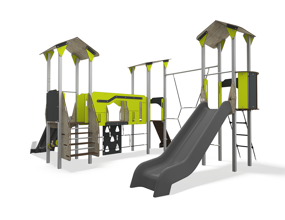 CO 12-3006-X29 is a steel multiplay unit with HDPE panels from the Extra Cool (Extra) range by Quali-Cité. Designed for children aged 3–14 years, it features HDPE colour panels, slides, and climbing f