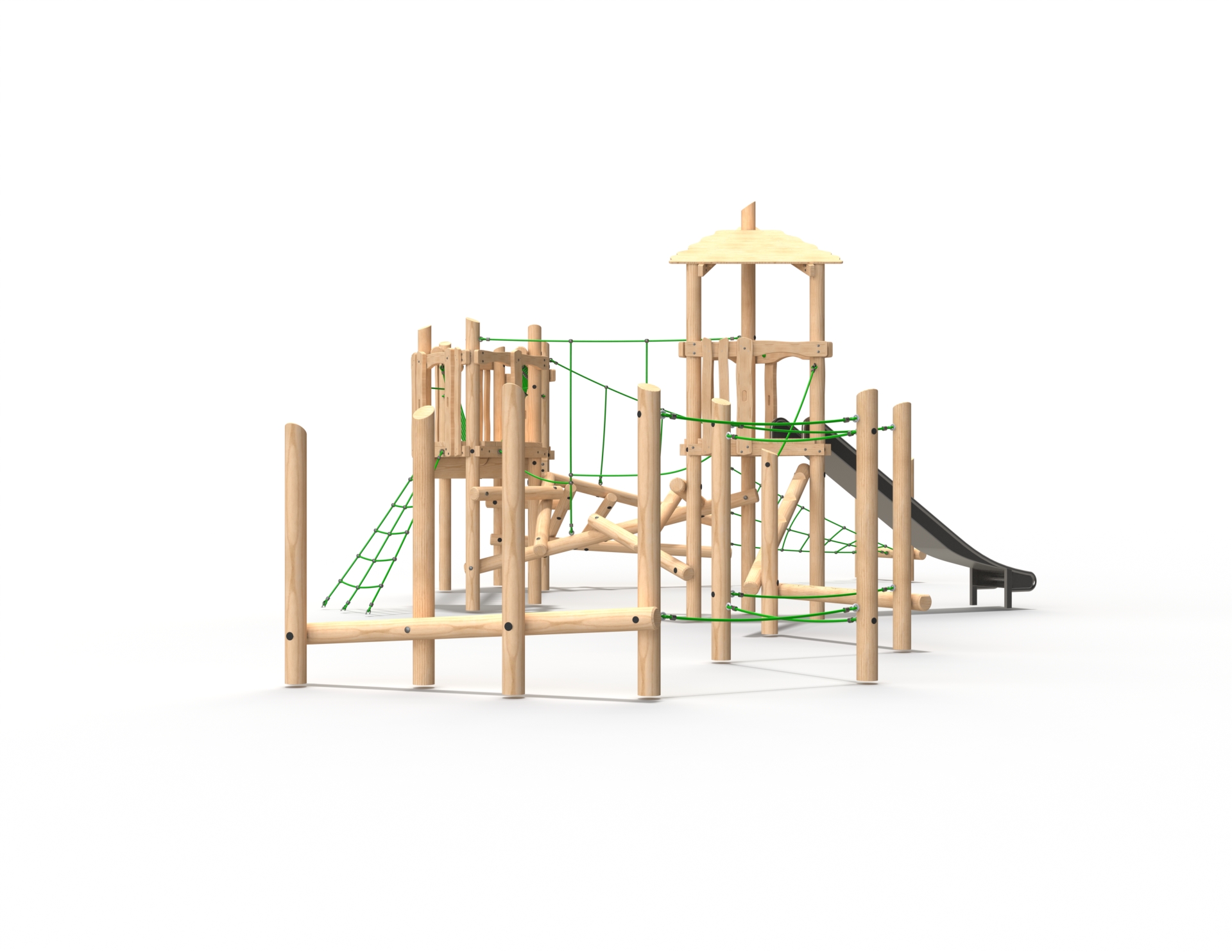 E-TD03-Back-View Back view of triple deck timber multiplay tower Alpine Tower Triple Deck Unit 3