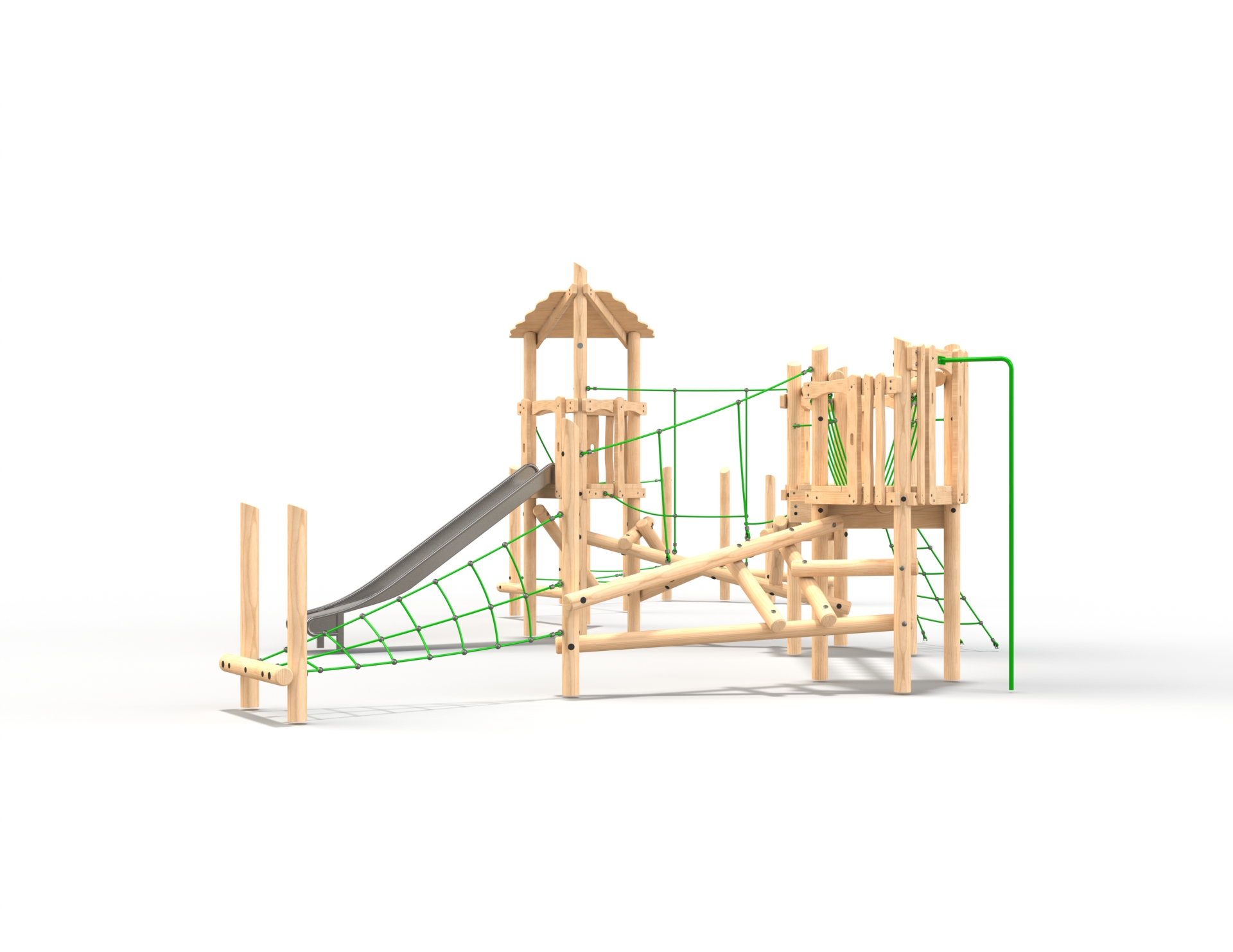 E-TD03-Front-View Triple deck timber multiplay tower with climbing and social play Alpine Tower Triple Deck Unit 3