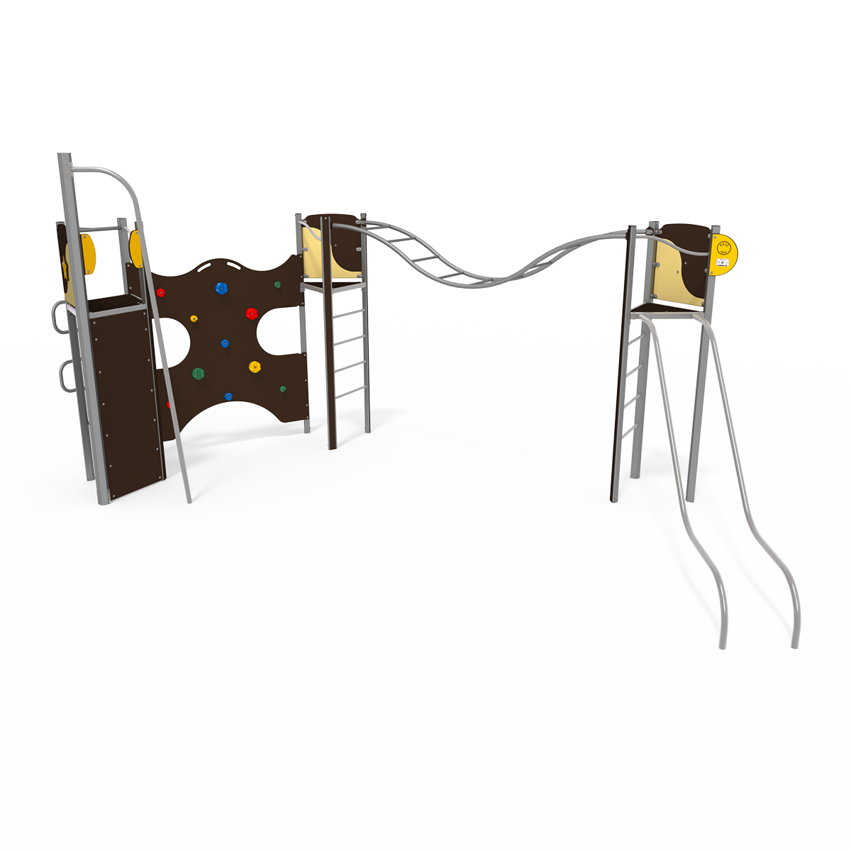 Balance and climbing multiplay unit EQ 18-3006 with beams, climbing features and activity panels