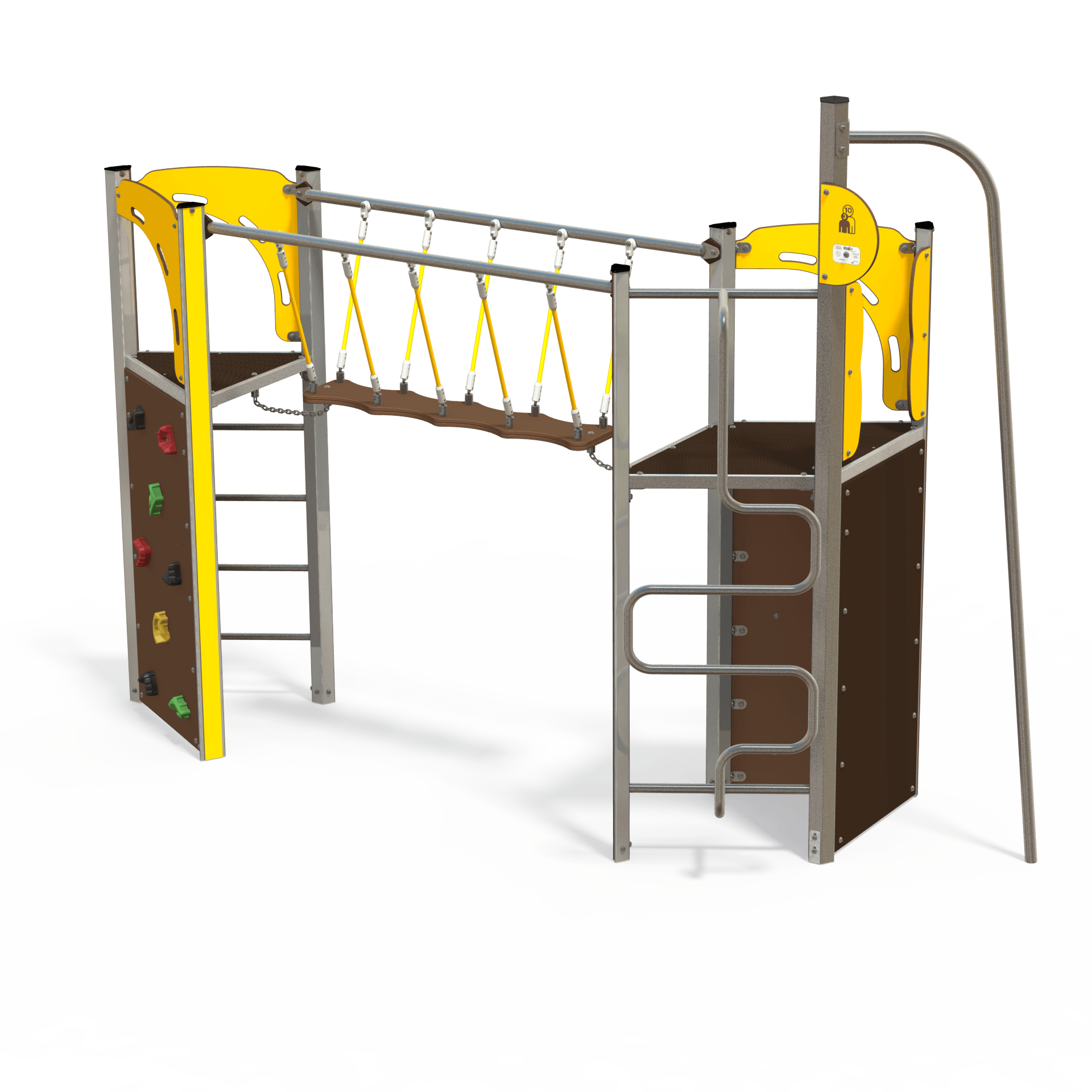 The EQ 15-2010 is a balance and climbing multiplay unit designed for children aged 3–12 years. It features balance beams, climbing elements, and activity panels to encourage physical activity and coor