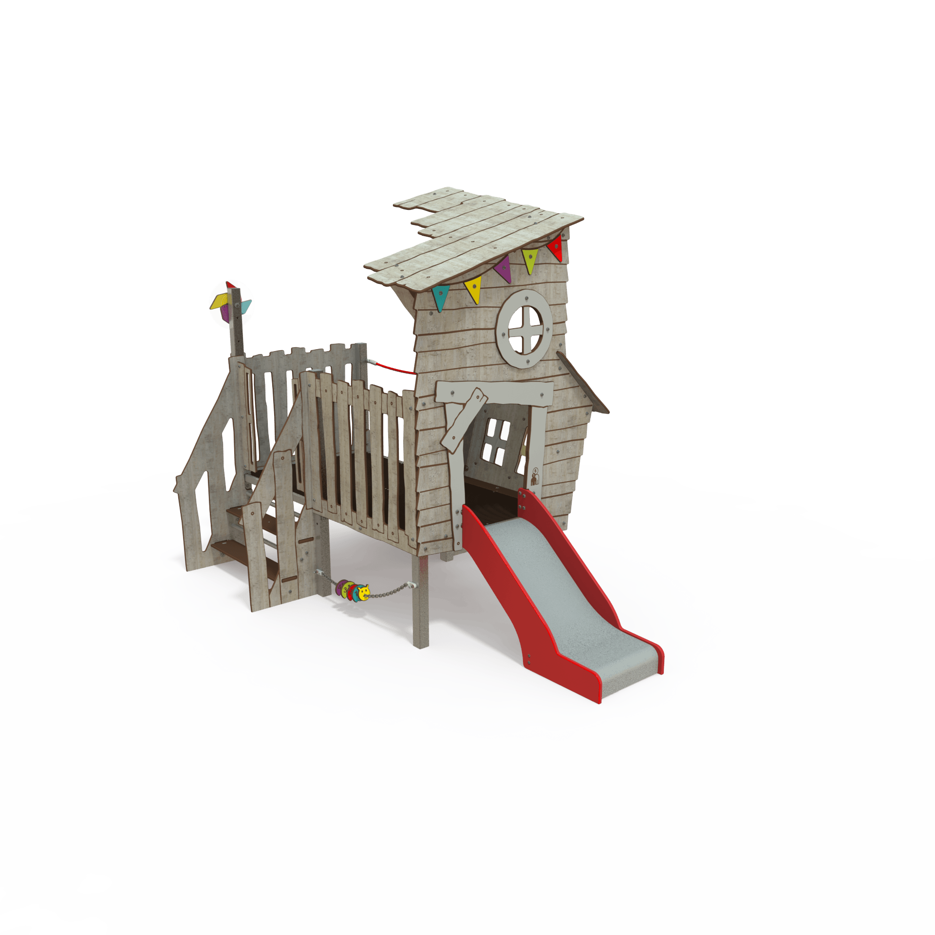 KA 06-1001 is a Ka'Hûte steel multiplay unit from the Kahute range by Quali-Cité. Designed for children aged 3–12 years, it features HPL wooden-effect panels, slides, and climbing features. Built from