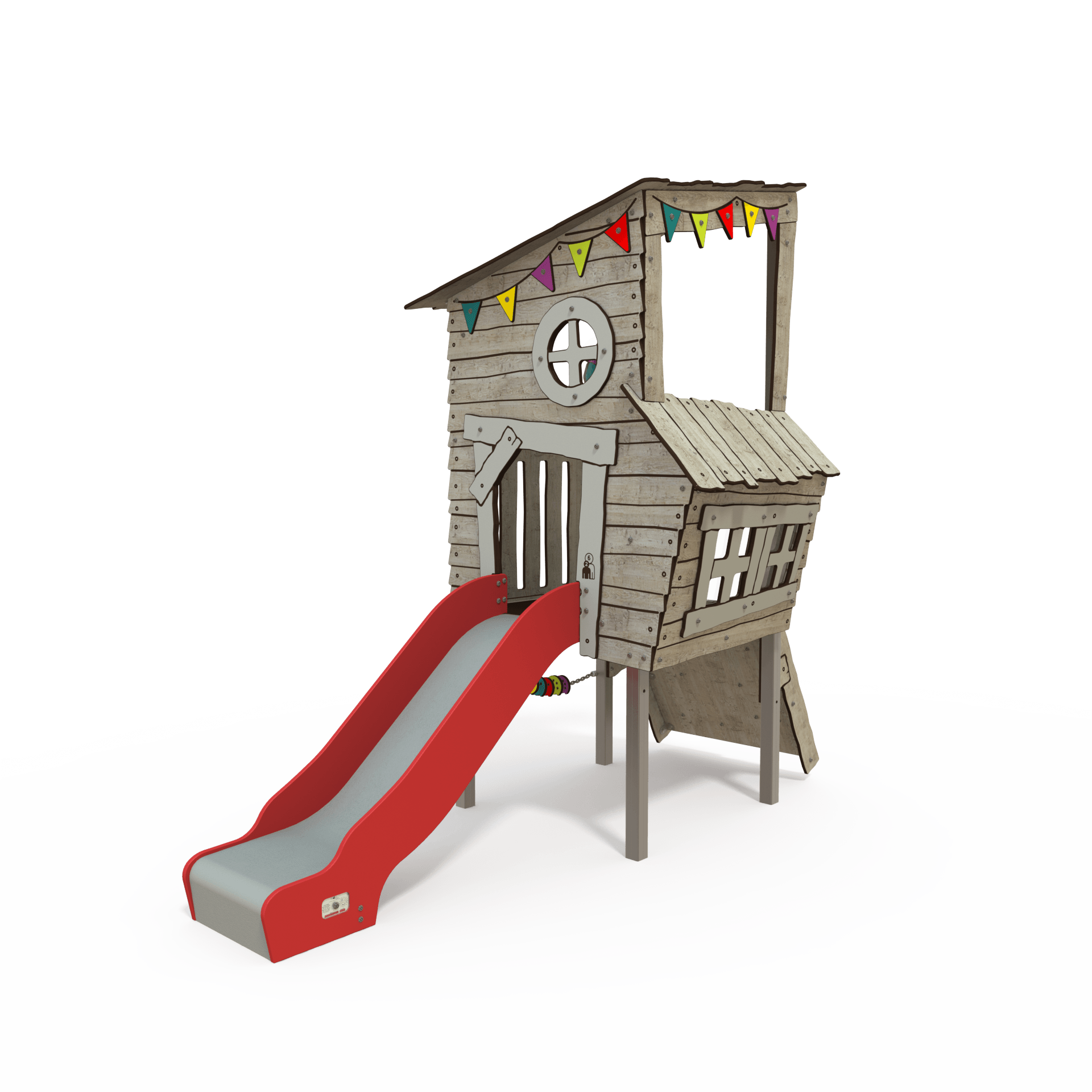 KA 09-1001 is a Ka'Hûte steel multiplay unit from the Kahute range by Quali-Cité. Designed for children aged 3–12 years, it features HPL wooden-effect panels, slides, and climbing features. Built from