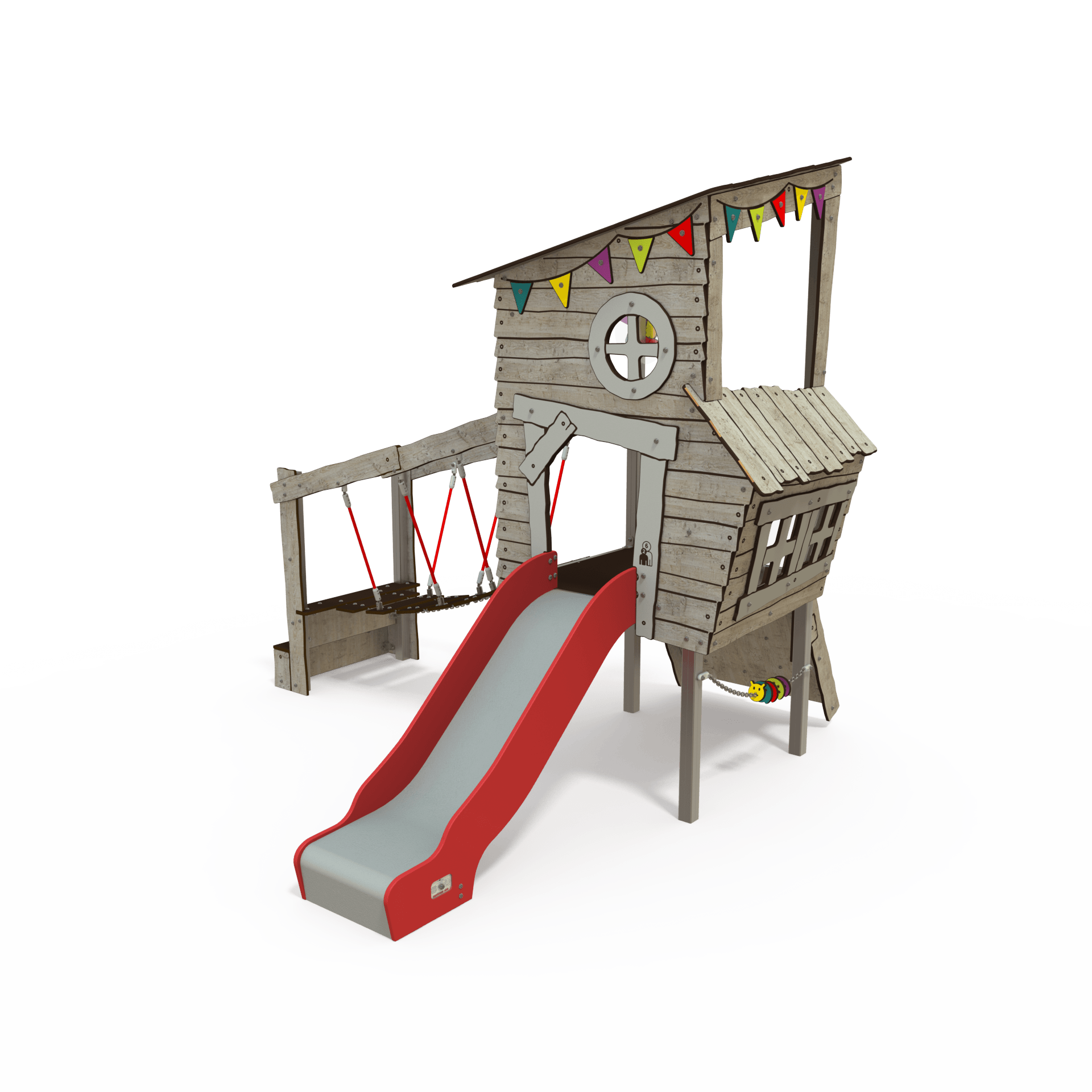 KA 09-1002 is a Ka'Hûte steel multiplay unit from the Kahute range by Quali-Cité. Designed for children aged 3–12 years, it features HPL wooden-effect panels, slides, and climbing features. Built from