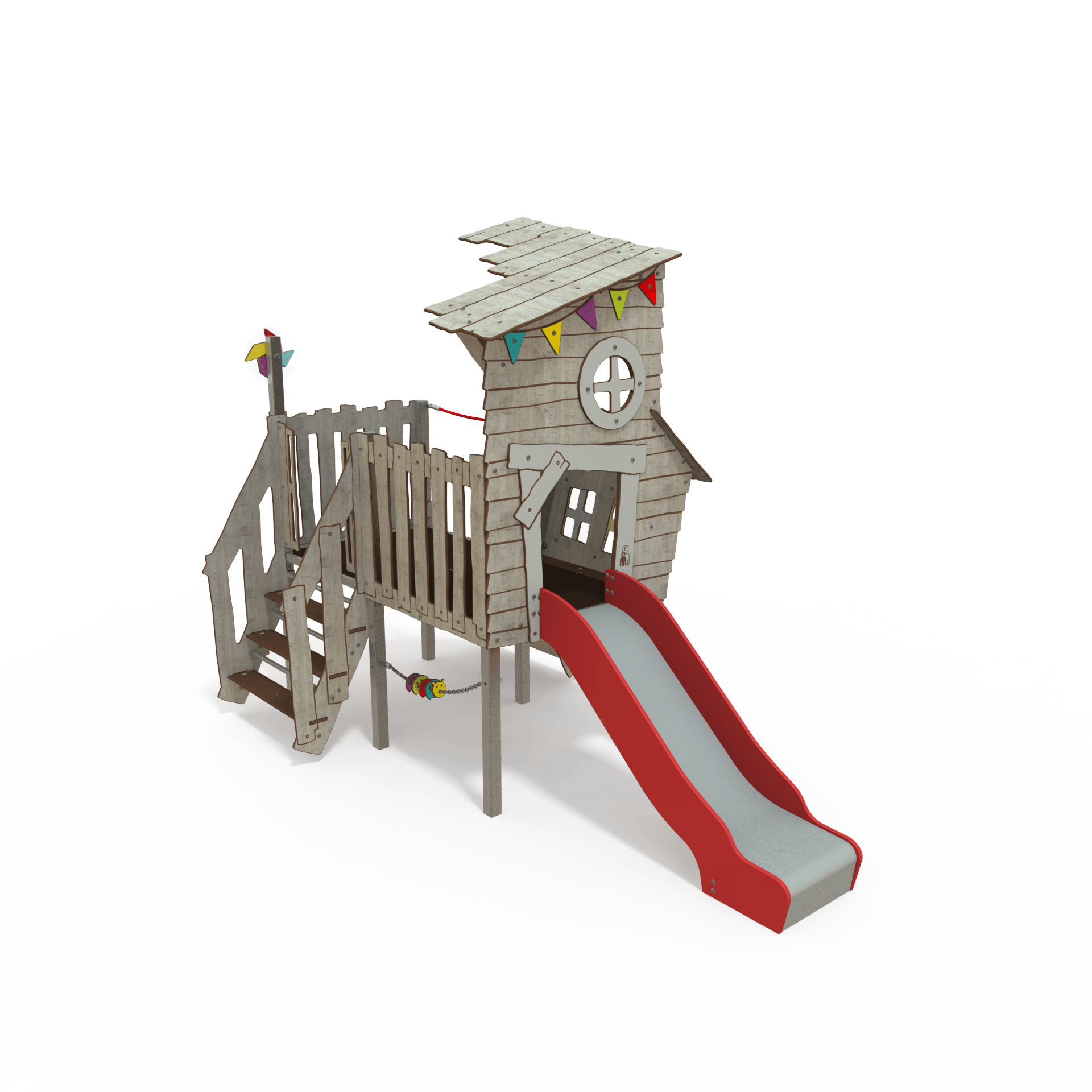KA 09-1003 is a Ka'Hûte steel multiplay unit from the Kahute range by Quali-Cité. Designed for children aged 3–12 years, it features HPL wooden-effect panels, slides, and climbing features. Built from
