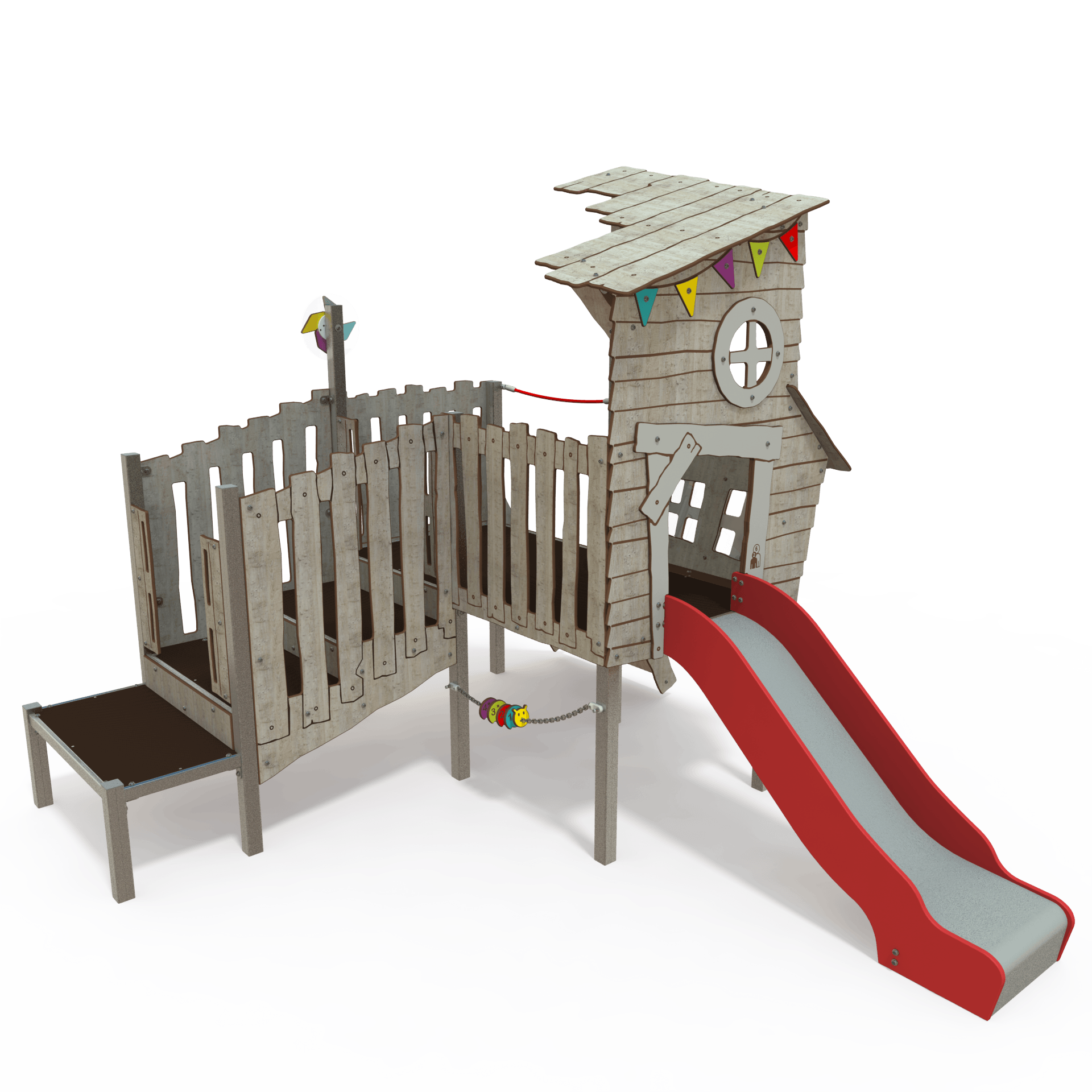 KA 09-1004 is a Ka'Hûte steel multiplay unit from the Kahute range by Quali-Cité. Designed for children aged 3–12 years, it features HPL wooden-effect panels, slides, and climbing features. Built from
