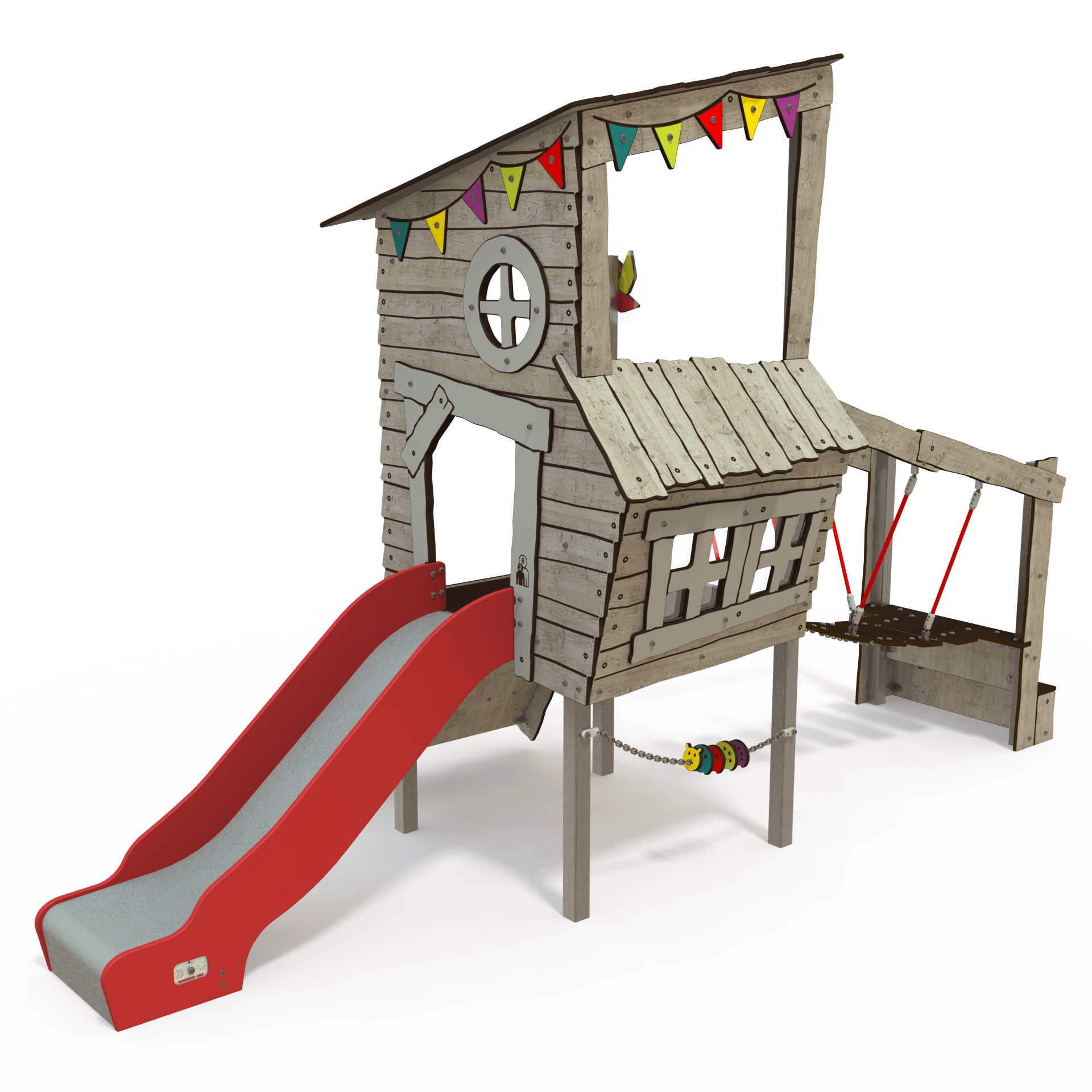 KA 09-1005-V29 is a Ka'Hûte steel multiplay unit from the Kahute range by Quali-Cité. Designed for children aged 3–12 years, it features HPL wooden-effect panels, slides, and climbing features. Built