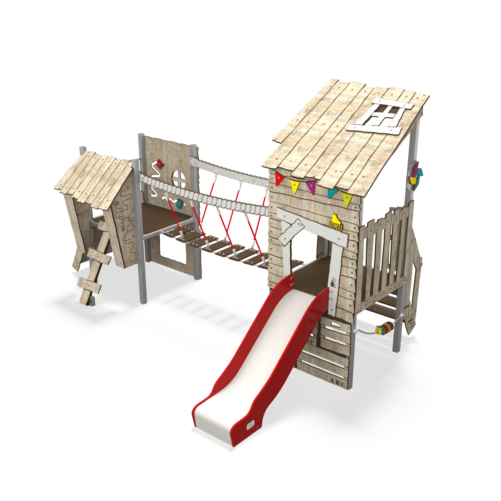 KA 09-2001-T01 is a Ka'Hûte steel multiplay unit from the Kahute range by Quali-Cité. Designed for children aged 3–12 years, it features HPL wooden-effect panels, slides, and climbing features. Built