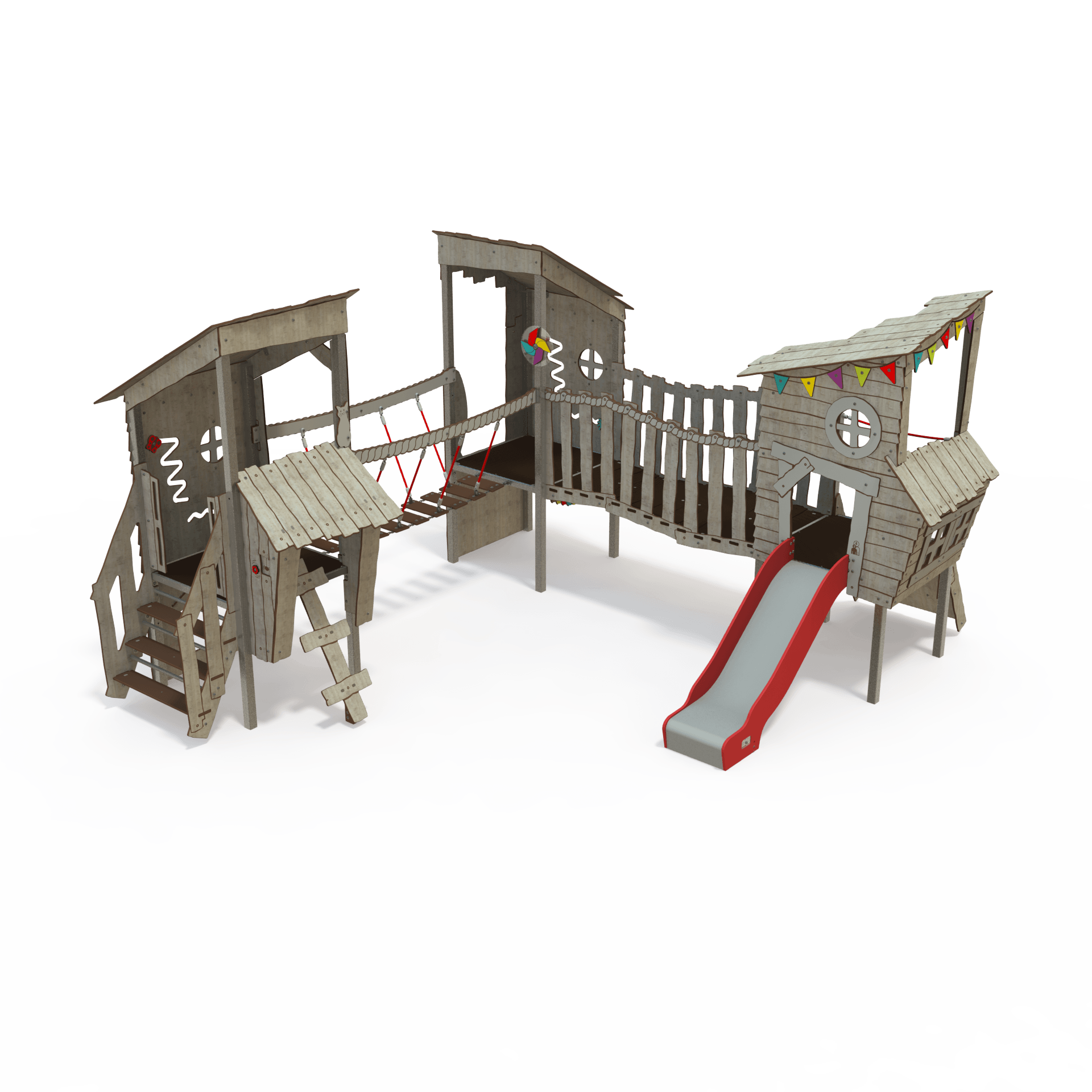 KA 09-3001 is a Ka'Hûte steel multiplay unit from the Kahute range by Quali-Cité. Designed for children aged 3–12 years, it features HPL wooden-effect panels, slides, and climbing features. Built from