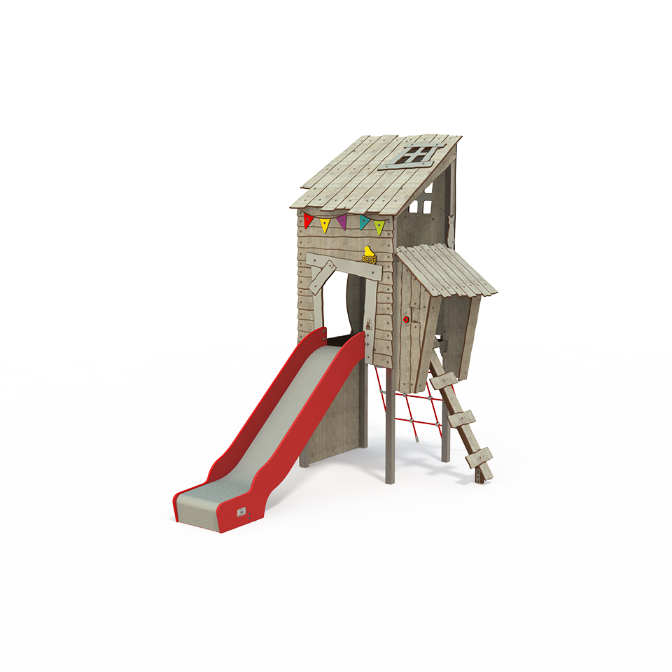 KA 12- 1002 is a Ka'Hûte steel multiplay unit from the Kahute range by Quali-Cité. Designed for children aged 3–12 years, it features HPL wooden-effect panels, slides, and climbing features. Built fro