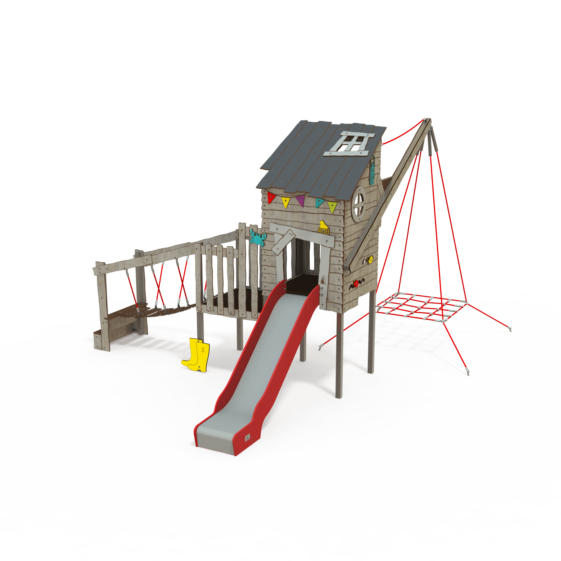 KA 12- 1003 is a Ka'Hûte steel multiplay unit from the Kahute range by Quali-Cité. Designed for children aged 3–12 years, it features HPL wooden-effect panels, slides, and climbing features. Built fro
