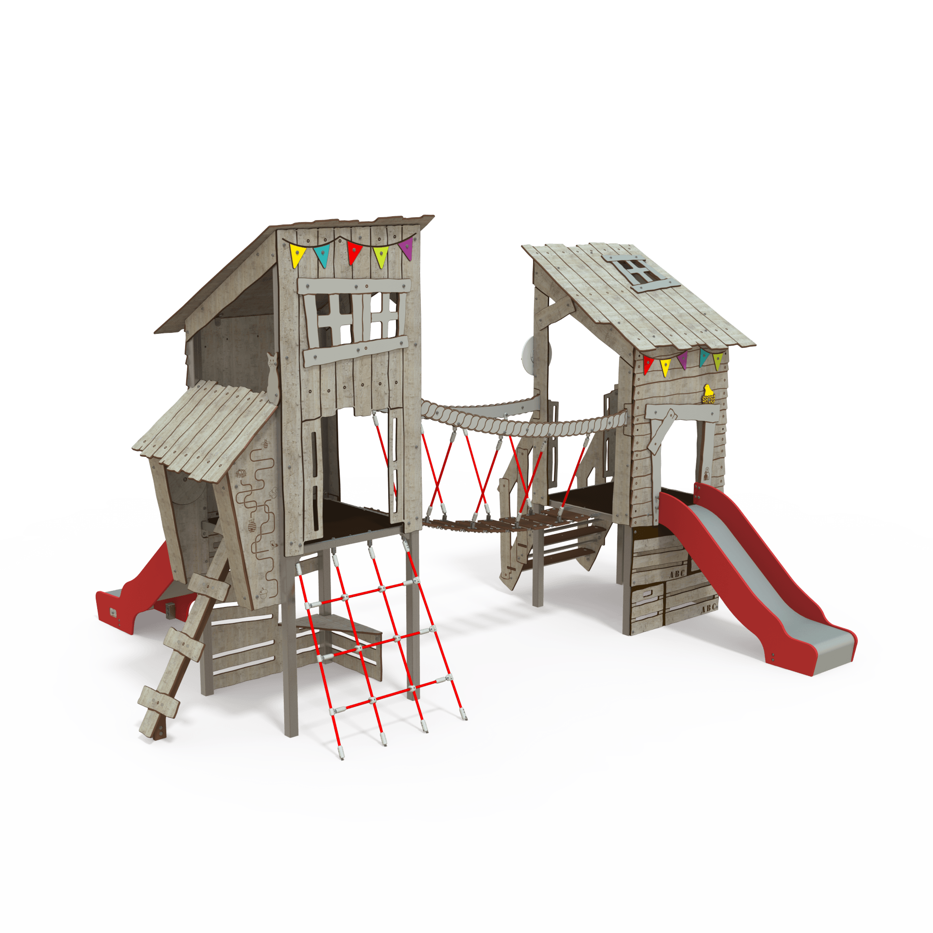 KA_12-2002-V29_f_v3-INT KA 12- 2002 is a Ka'Hûte steel multiplay unit from the Kahute range by Quali-Cité. Designed for children aged 3–12 years, it features HPL wooden-effect panels, slides, and climbing features. Built fro