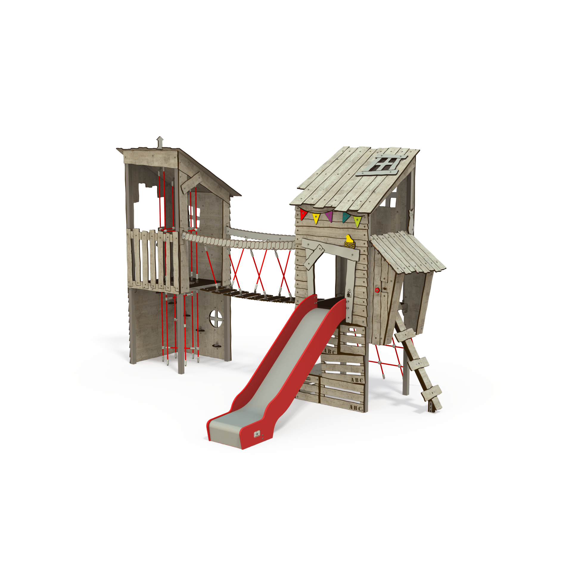 KA 12- 2003 is a Ka'Hûte steel multiplay unit from the Kahute range by Quali-Cité. Designed for children aged 3–12 years, it features HPL wooden-effect panels, slides, and climbing features. Built fro