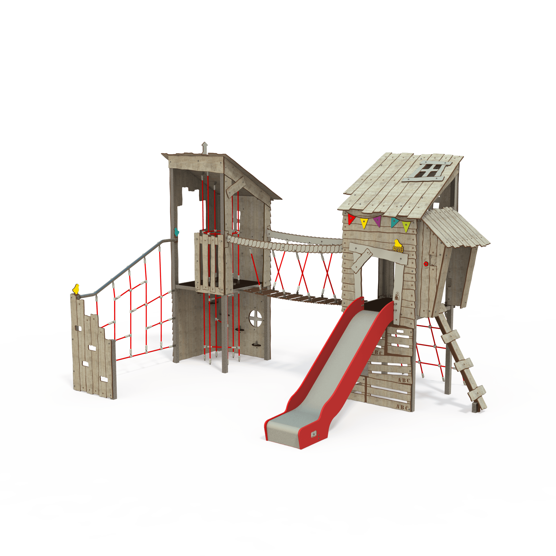 KA 12- 2004 is a Ka'Hûte steel multiplay unit from the Kahute range by Quali-Cité. Designed for children aged 3–12 years, it features HPL wooden-effect panels, slides, and climbing features. Built fro
