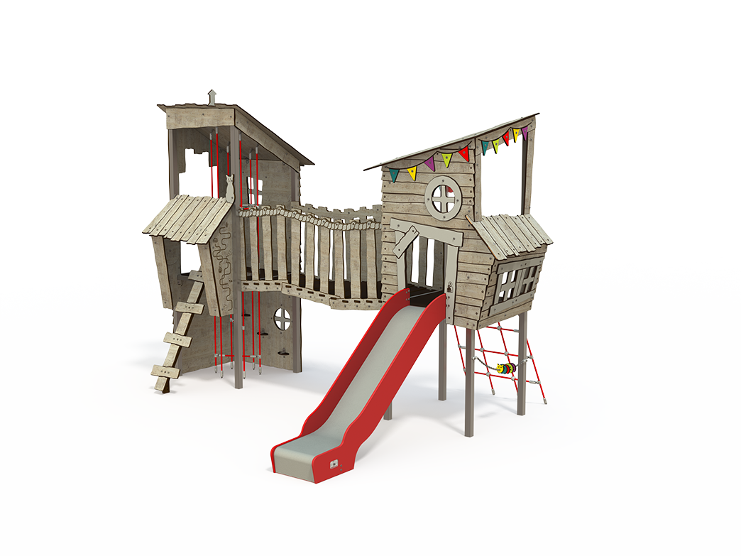 KA 12- 2005 is a Ka'Hûte steel multiplay unit from the Kahute range by Quali-Cité. Designed for children aged 3–12 years, it features HPL wooden-effect panels, slides, and climbing features. Built fro