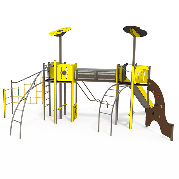 Mega steel multiplay unit with slides, climbing walls, and rope features ME 18-2008