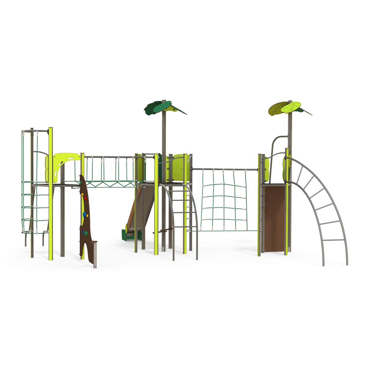 Mega steel multiplay unit with slides, climbing walls, and rope features ME 18-3009