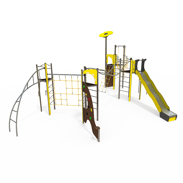 Mega steel multiplay unit with slides, climbing walls and rope features ME 18-4008
