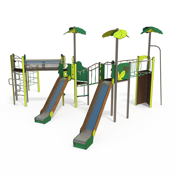 Mega steel multiplay unit ME 18-4010 with slides, climbing walls and rope features for ages 3 to 14