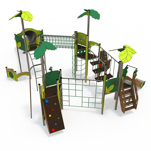 Mega steel multiplay unit with slides, climbing walls, and rope features ME 18-4028