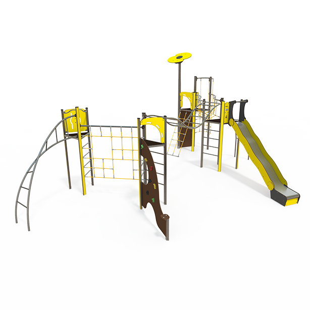 Mega steel multiplay unit with slides, climbing walls and rope features ME 18-4030