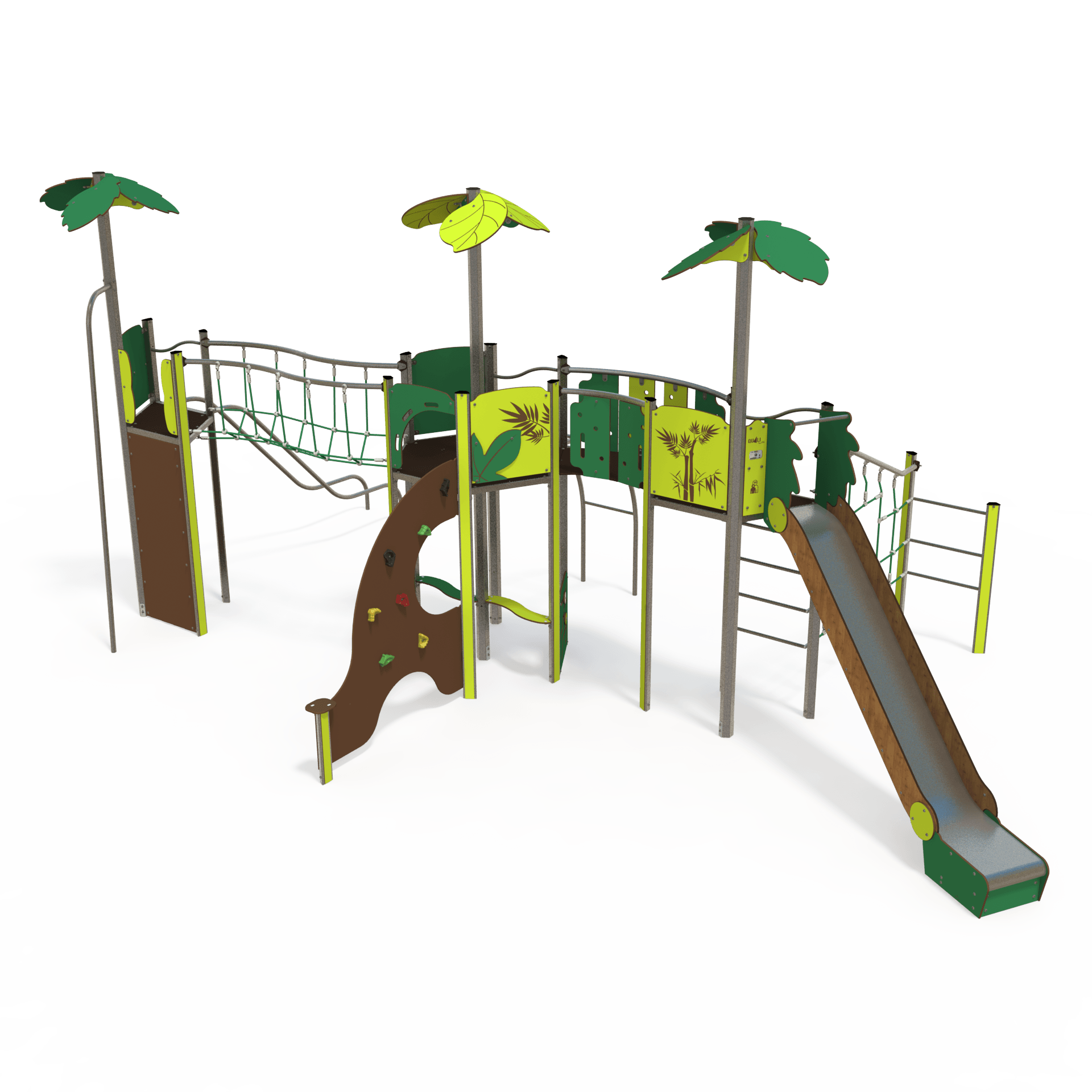 The ME 18-3004 mega steel multiplay unit offers multiple activity zones including slides, climbing walls, and rope features. Suitable for ages 3–14, it encourages active play and physical development