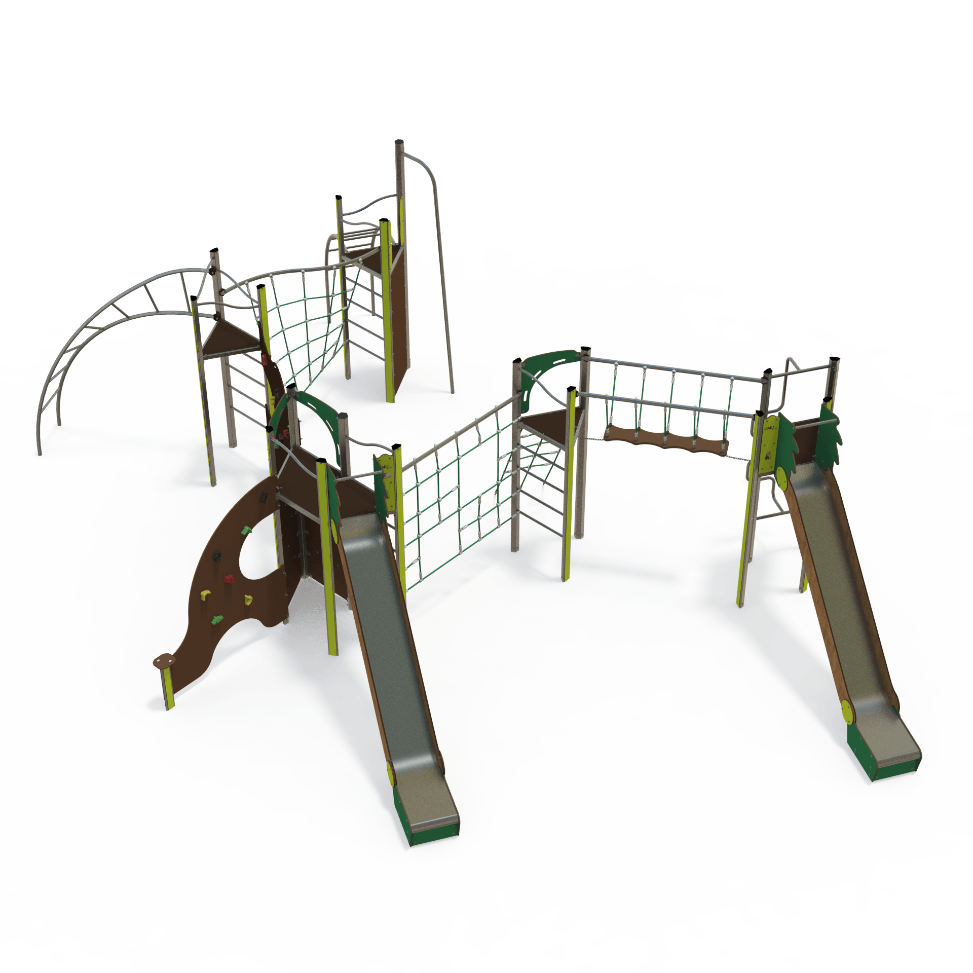 The ME 18-5015 is a mega steel multiplay unit designed for ages 3–14. It features multiple activity zones including slides, climbing walls, and rope elements for varied play.
