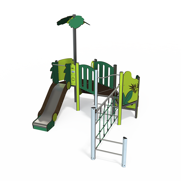 Mini steel multiplay unit with slides, climbing panels, and activity decks MI 09-2004