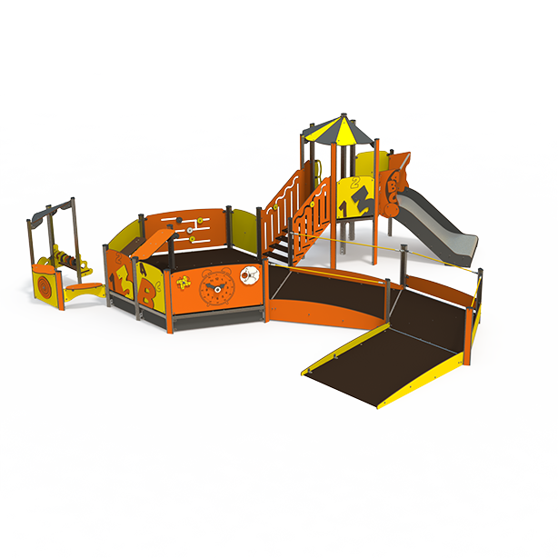 Mini steel multiplay unit with slides, climbing panels, and activity decks for ages 2-6 MI 09-2019