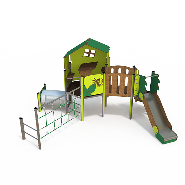 Mini steel multiplay unit with slides, climbing panels, and activity decks MI 09-2025