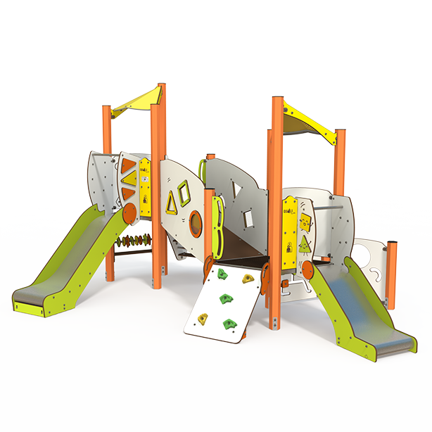 Mini steel multiplay unit with slides, climbing panels and activity decks MI 09-2033