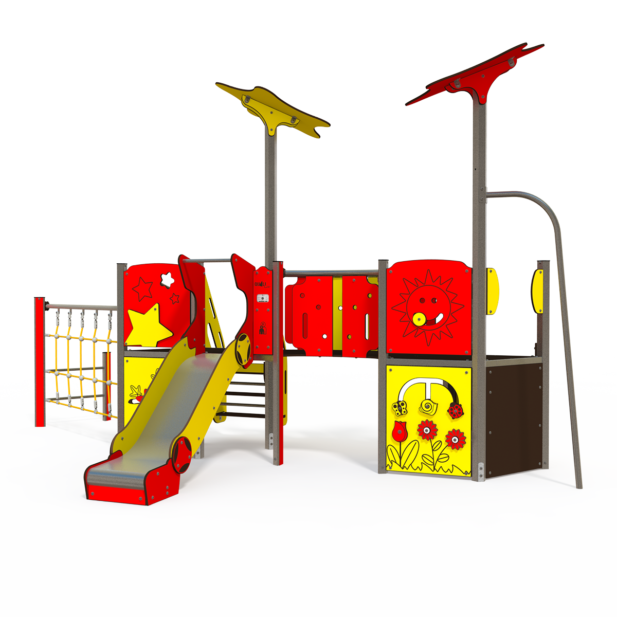 Mini steel multiplay unit with slides, climbing panels, and activity decks for ages 2–6 MI 09-2074