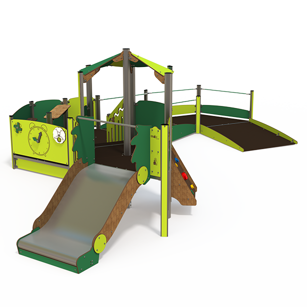 Mini steel multiplay unit with slides, climbing panels, and activity decks MI 09-2083