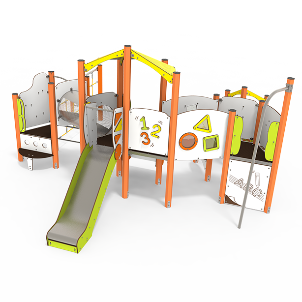 Mini steel multiplay unit with slides, climbing panels, and activity decks for ages 2 to 6 MI 09-3006