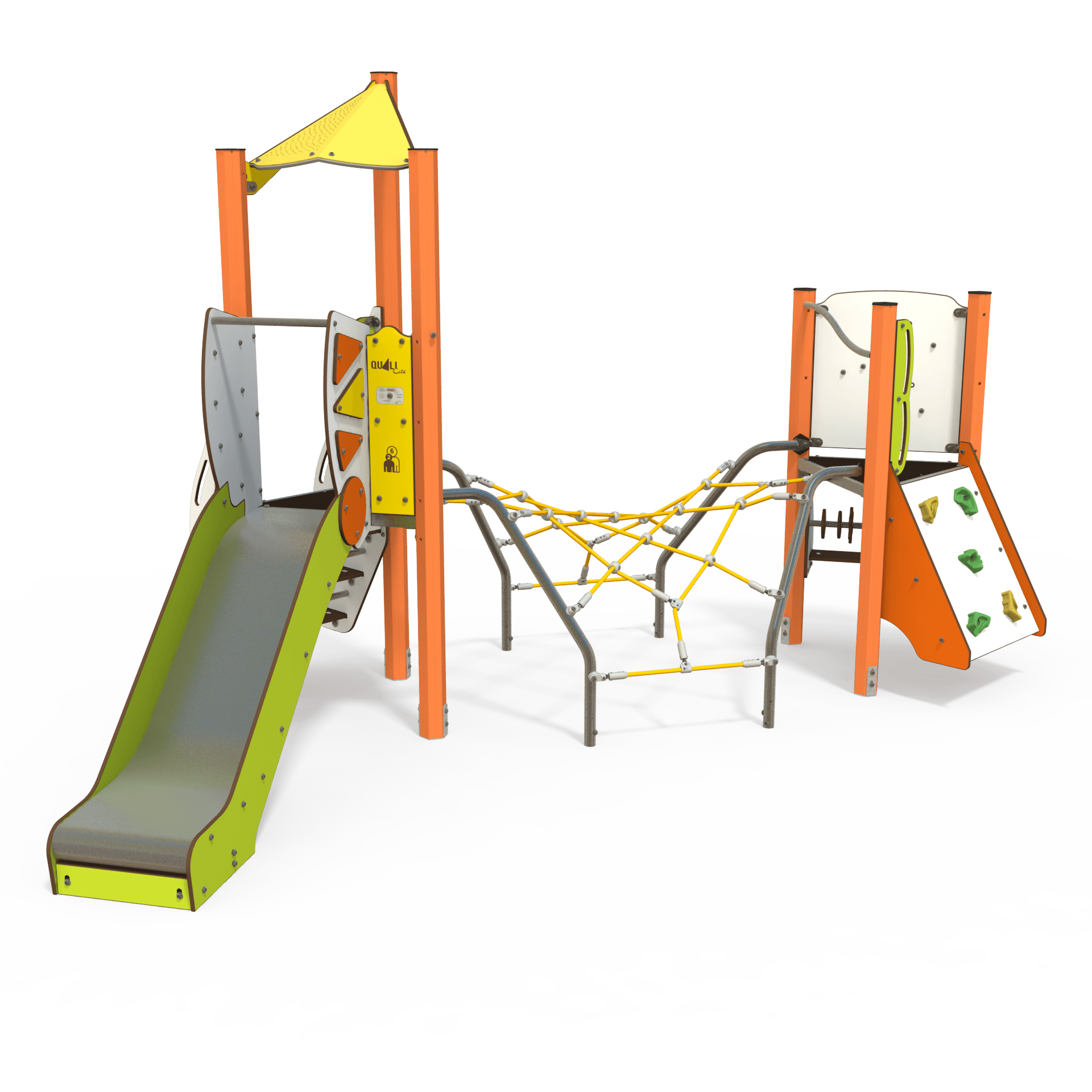 The MI 09-2092 mini steel multiplay unit is designed for children aged 2–6 years. It features slides, climbing panels, and activity decks to encourage active play and development in a compact, durable
