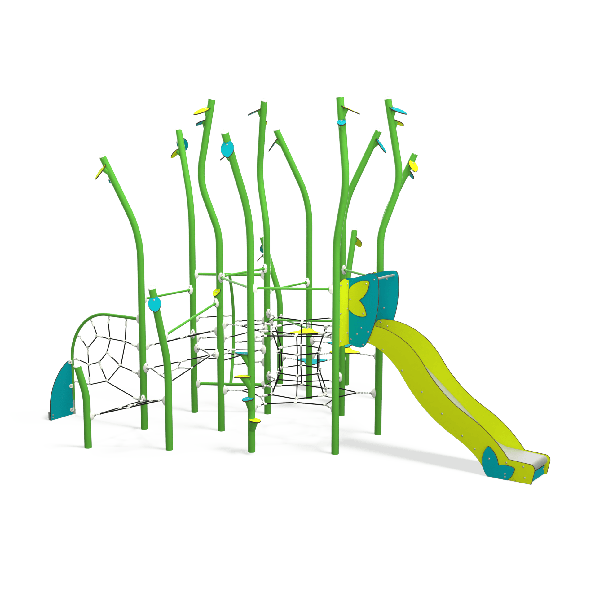 NA 15-0001-AF24 is a nature-inspired steel multiplay unit from the Natura range by Quali-Cité. Designed for children aged 4–14 years, it features organic shapes, tree-trunk posts, and natural-finish p