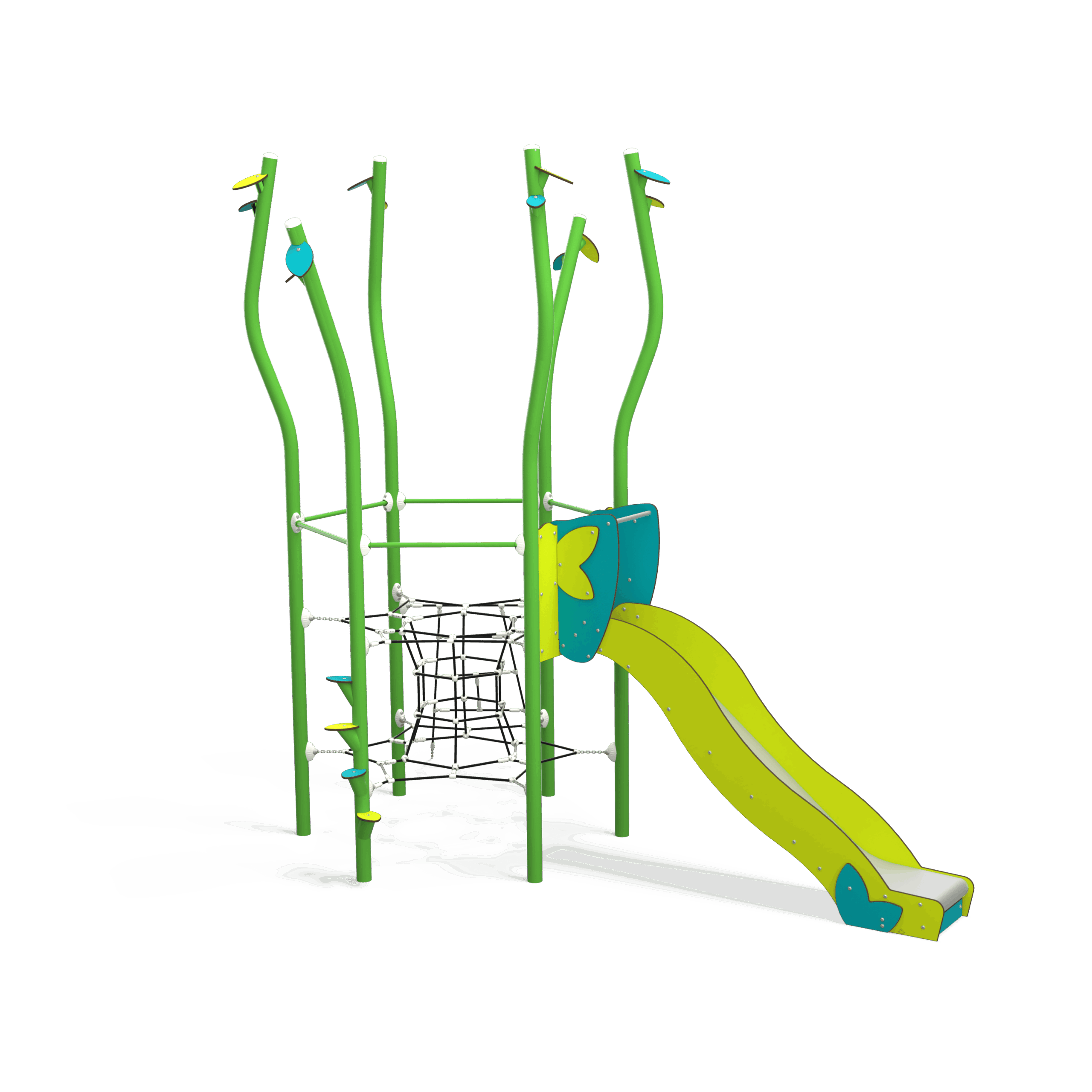 NA 15-0002-AF24 is a nature-inspired steel multiplay unit from the Natura range by Quali-Cité. Designed for children aged 4–14 years, it features organic shapes, tree-trunk posts, and natural-finish.