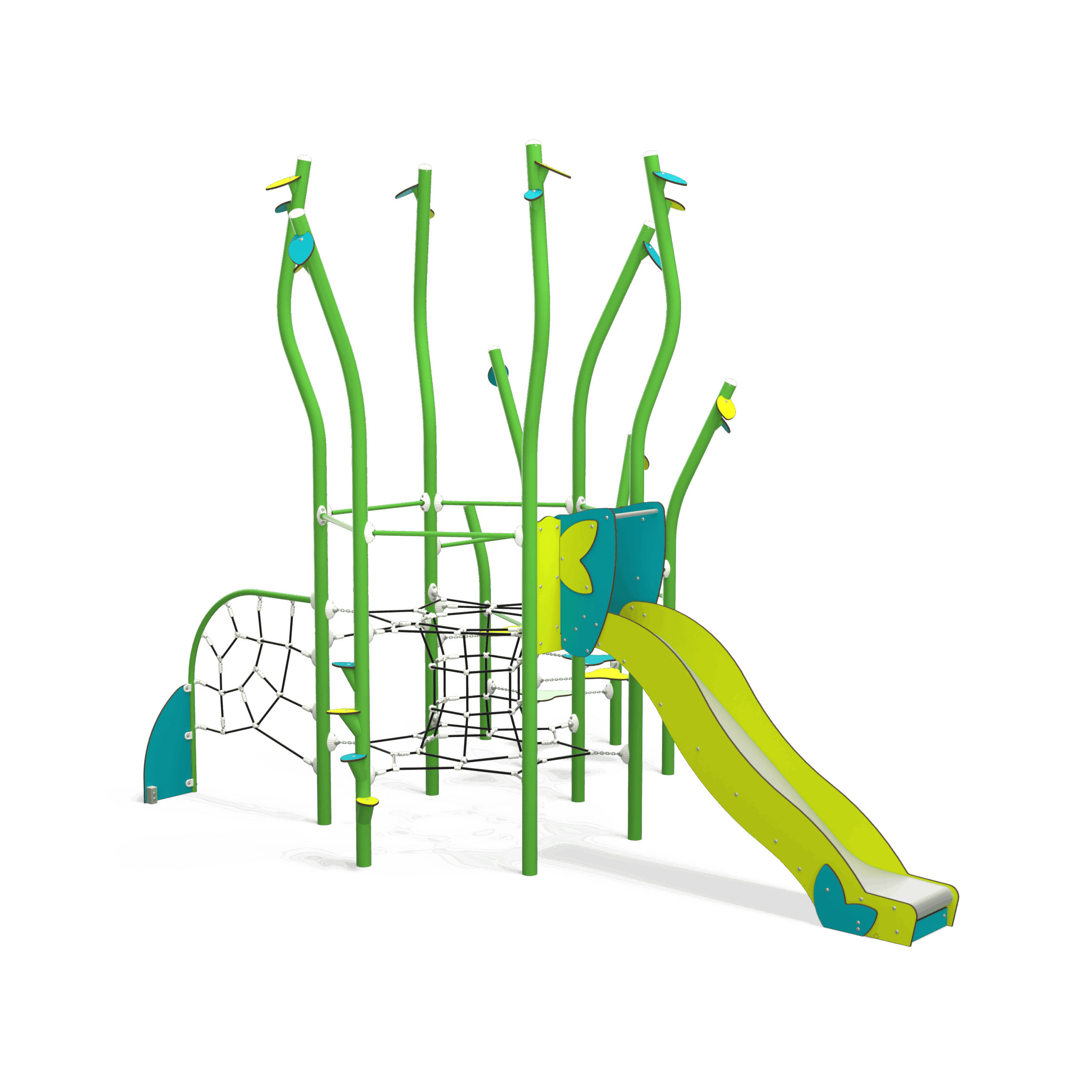 NA 15-0002-AF24 is a nature-inspired steel multiplay unit from the Natura range by Quali-Cité. Designed for children aged 4–14 years, it features organic shapes, tree-trunk posts, and natural-finish.