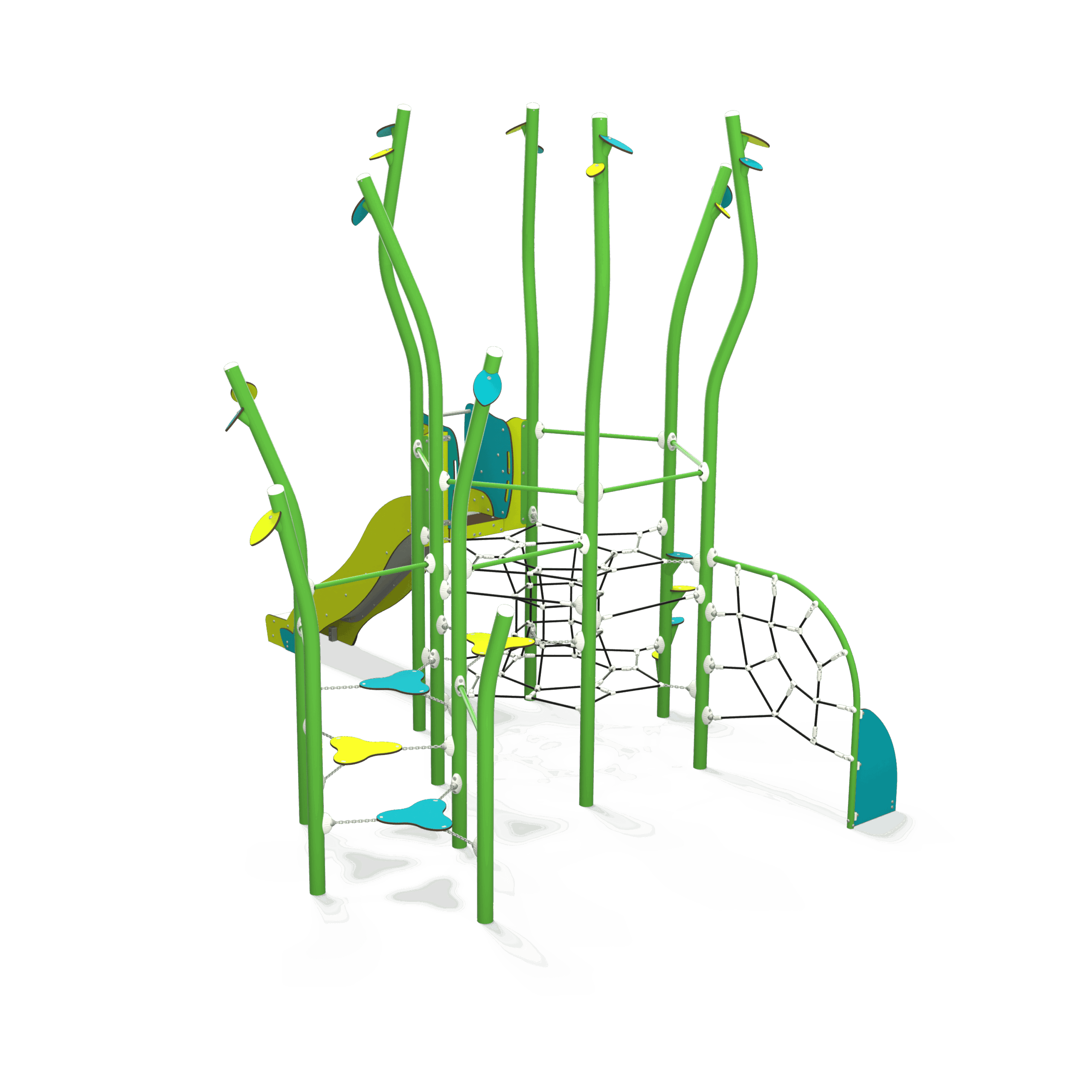 NA_15-0003-AF24_a_v2-INT NA 15-0003-AF24 is a nature-inspired steel multiplay unit from the Natura range by Quali-Cité. Designed for children aged 4–14 years, it features organic shapes, tree-trunk posts, and natural-finish.