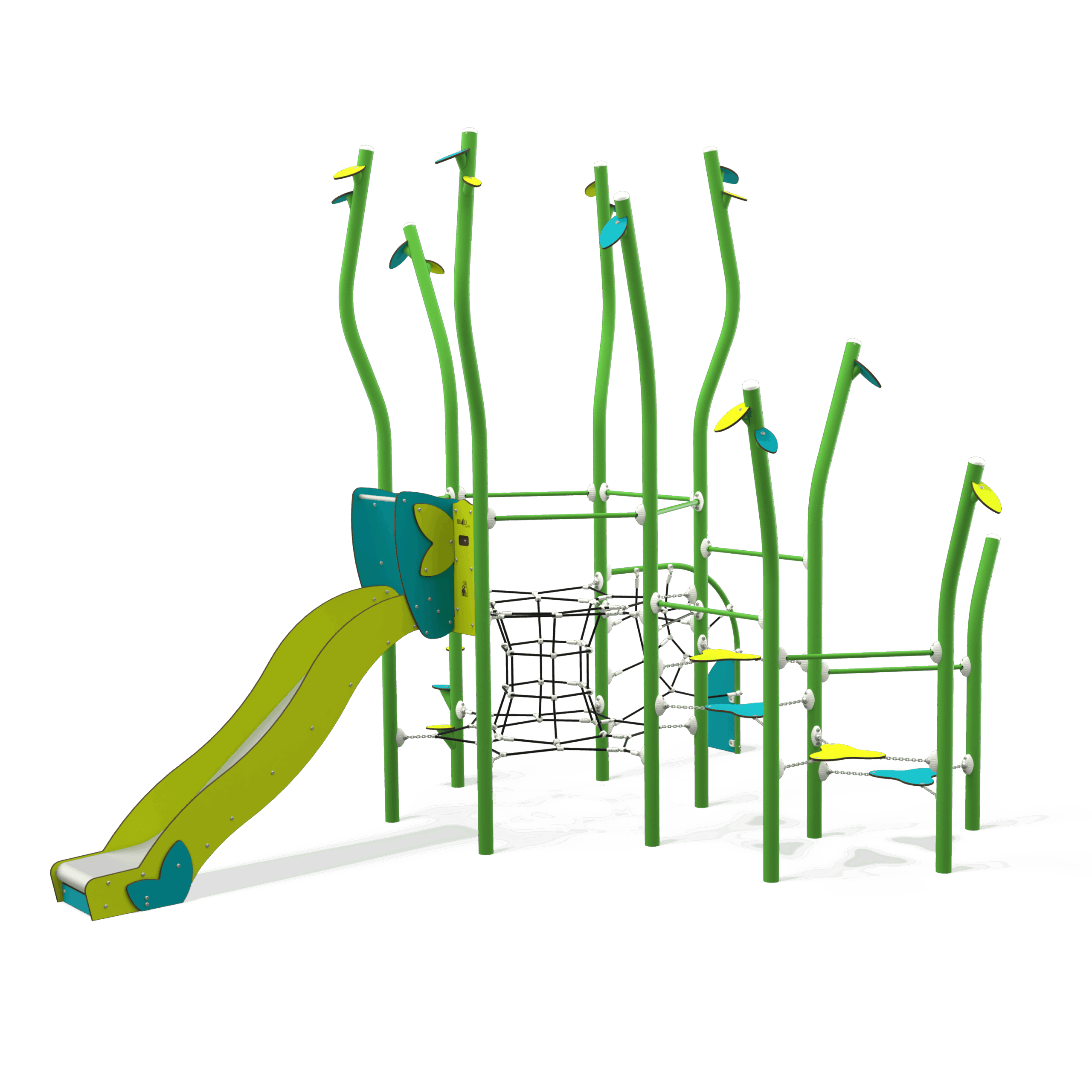 NA_15-0003-AF24_a_v3-INT NA 15-0003-AF24 is a nature-inspired steel multiplay unit from the Natura range by Quali-Cité. Designed for children aged 4–14 years, it features organic shapes, tree-trunk posts, and natural-finish.