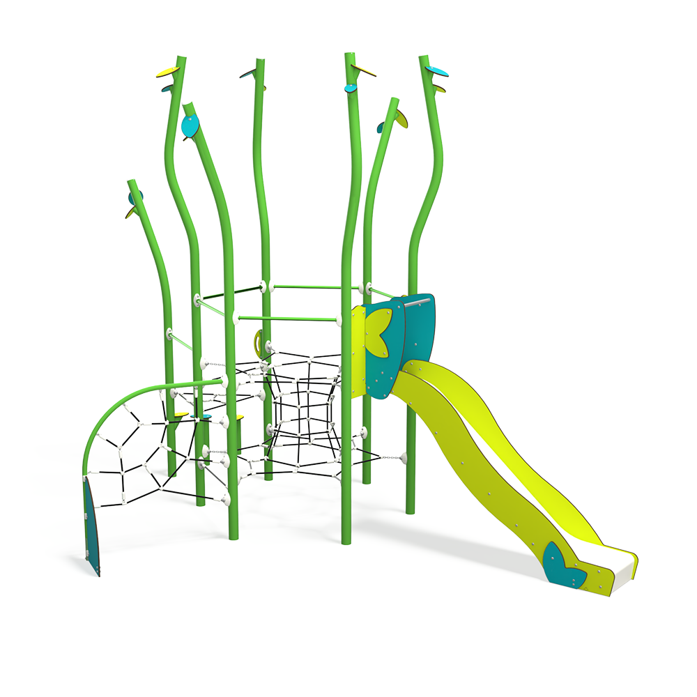 NA 15-0004-AF24 is a nature-inspired steel multiplay unit from the Natura range by Quali-Cité. Designed for children aged 4–14 years, it features organic shapes, tree-trunk posts, and natural-finish p